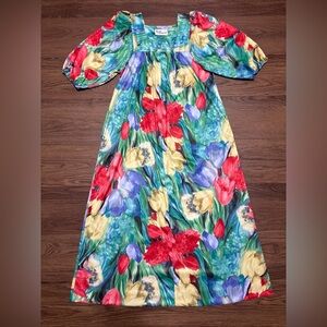 Vintage Krist Gudnason Bold Floral Maxi Dress Puff Sleeve Empire Waist M